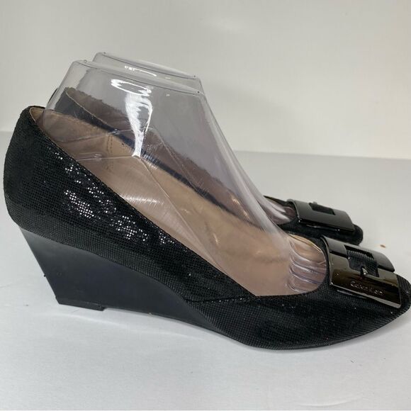 CALVIN KLEIN Women's Black Sue Mini Square Print Peep Toe Wedge Pumps Size 9M - Picture 5 of 10